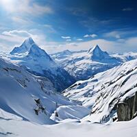 AI generated Mountain serenity Breathtaking panoramic scene featuring snow covered peaks For Social Media Post Size photo