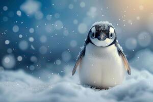 AI generated Winter cuteness Penguin on snowy terrain with room for text photo