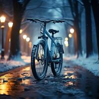 ai generado escarchado pedal aventuras Noche bicicleta paseo en Nevado invierno parque para social medios de comunicación enviar Talla foto