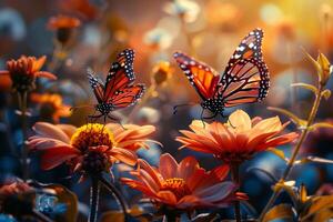 AI generated Captivating scene Harmony of butterflies and blooming flowers, natures marvel photo