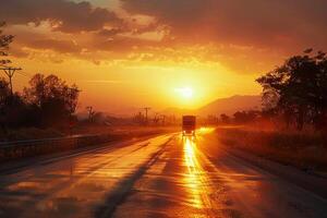 AI generated Moving vehicles on a country road against a stunning sunset backdrop photo