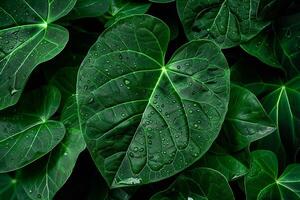 ai generado imagen cerca arriba de lluvia besado verde hojas, agua gotas relucir delicadamente foto