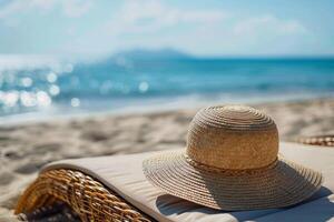 ai generado tranquilo relajación sombrero para el sol en vacío tumbona por el playa mediodía foto