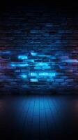 ai generado futurista ambiente oscuro azul ladrillo pared iluminado por neón luces vertical móvil fondo de pantalla foto