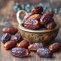 ai generado rápido tradicion medjool fechas en un mesa, simbólico Ramadán imágenes para social medios de comunicación enviar Talla foto