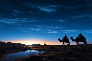 ai generado Desierto misterio camellos en silueta en contra un iluminado por las estrellas noche cielo foto