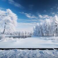 AI generated Photo Winter tranquility Landscape adorned with snow covered trees in a serene setting For Social Media Post Size