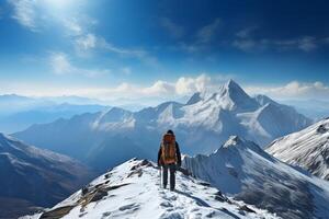 ai generado montaña conquistador caminante en parte superior de el nieve cubierto pico foto