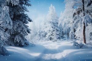 AI generated Silent freeze Snow covered trees in a tranquil winter forest photo