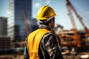 AI generated Worksite readiness Engineer wears yellow safety helmet on construction site photo