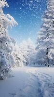 ai generado silencio congelar nieve cubierto arboles en un tranquilo invierno bosque vertical móvil fondo de pantalla foto