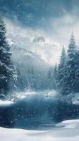 AI generated Quiet winter scene Snowfall over an alpine forest with text space Vertical Mobile Wallpaper photo