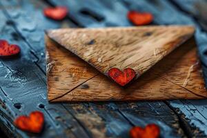 AI generated Heartfelt simplicity Rustic Valentine envelope displayed with wooden hearts photo