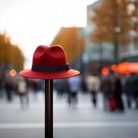 AI generated Red hat pops on pole, a standout in bustling crowd For Social Media Post Size photo