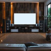 AI generated Home Theater setup with big screen TV, audio equipment, 3D For Social Media Post Size photo