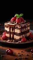 AI generated Irresistible dessert Chocotorta showcased on a dark background with text Vertical Mobile Wallpaper photo