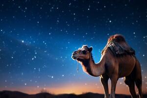 AI generated Evening journey Two camels against a captivating starry sky backdrop photo