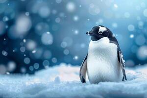 AI generated Arctic backdrop Penguin on snow covered ground with empty text space photo