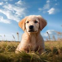 AI generated Adorable scene Golden retriever puppy sits on lush grass, gazing For Social Media Post Size photo