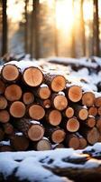 ai generado bosque nieve pila de cortar pino árbol bañador en invierno vertical móvil fondo de pantalla foto