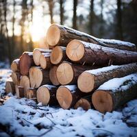 AI generated Woodland snow Pile of cut pine tree trunks in winter For Social Media Post Size photo