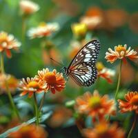 AI generated Mexican daisy blooms, a butterfly rests on vibrant coat buttons For Social Media Post Size photo