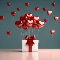 ai generado san valentin sorpresa presente caja con brillante rojo cinta, corazón globos para social medios de comunicación enviar Talla foto