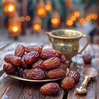 AI generated Fasting tradition Medjool dates on a table, symbolic Ramadan imagery For Social Media Post Size photo