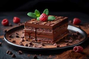 AI generated Irresistible dessert Chocotorta showcased on a dark background with text photo