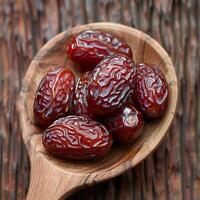 AI generated Nutrient rich display Medjool dates in wooden spoon, perfect Ramadan imagery For Social Media Post Size photo