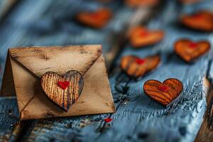 AI generated Romantic rusticity Wooden hearts surround a rustic Valentine envelope photo