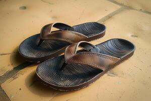 AI generated Brown flip flops, a stylish accessory to complement your summer wardrobe photo