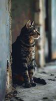ai generado solitario gato encaramado en habitaciones cemento piso, contemplativo soledad capturado vertical móvil fondo de pantalla foto