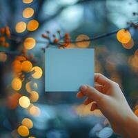 AI generated Close up Womans hand holding small blue paper with bokeh backdrop For Social Media Post Size photo