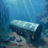 AI generated Sunken treasure chest undersea with rocks and sand 3D rendering For Social Media Post Size photo