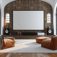 AI generated Mini Home Theater on white wall, big screen, audio equipment For Social Media Post Size photo