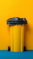 AI generated Ecological metaphor Garbage bin on yellow background promotes waste management Vertical Mobile Wallpaper photo