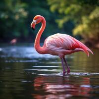 AI generated Graceful elegance Pink flamingo swimming on a serene lake For Social Media Post Size photo