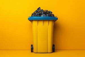 AI generated Ecological metaphor Garbage bin on yellow background promotes waste management photo
