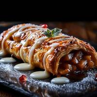 AI generated Tempting dessert Delicious Apple Strudel presented on a dark background For Social Media Post Size photo