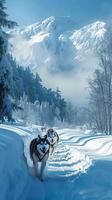 AI generated Tranquil journey Mushers and sled dogs navigate snowy wilderness expedition Vertical Mobile Wallpaper photo