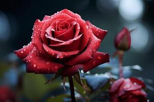 AI generated view Natures beauty Red rose adorned with dew drops, bokeh backdrop photo