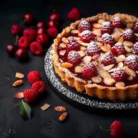 AI generated Tempting pastry Bakewell Tart displayed on dark background with space For Social Media Post Size photo