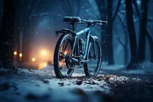 ai generado escarchado pedal aventuras Noche bicicleta paseo en Nevado invierno parque foto