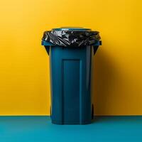 AI generated Eco conscious design Garbage bin on yellow background promotes environmental awareness For Social Media Post Size photo