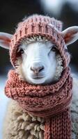 ai generado humorístico invierno toque linda oveja se pone de punto bufanda y gorro vertical móvil fondo de pantalla foto