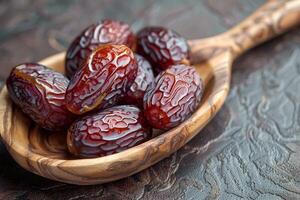 AI generated Close up Ramadan concept Wooden spoon with Medjool dates, highly nutritious photo