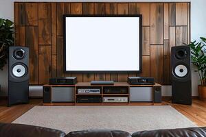 AI generated Mini Home Theater on white wall, big screen, audio equipment photo