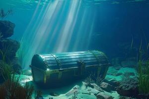 AI generated Sunken treasure chest undersea with rocks and sand 3D rendering photo