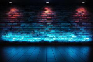 ai generado urbano vibraciones brillante neón luces en un elegante oscuro ladrillo pared foto